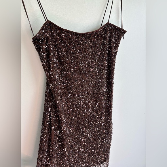 Retrofête Brown Sequin Spaghetti Strap Mini Dress Size L Side Zipper Fully Lined - Picture 8 of 13